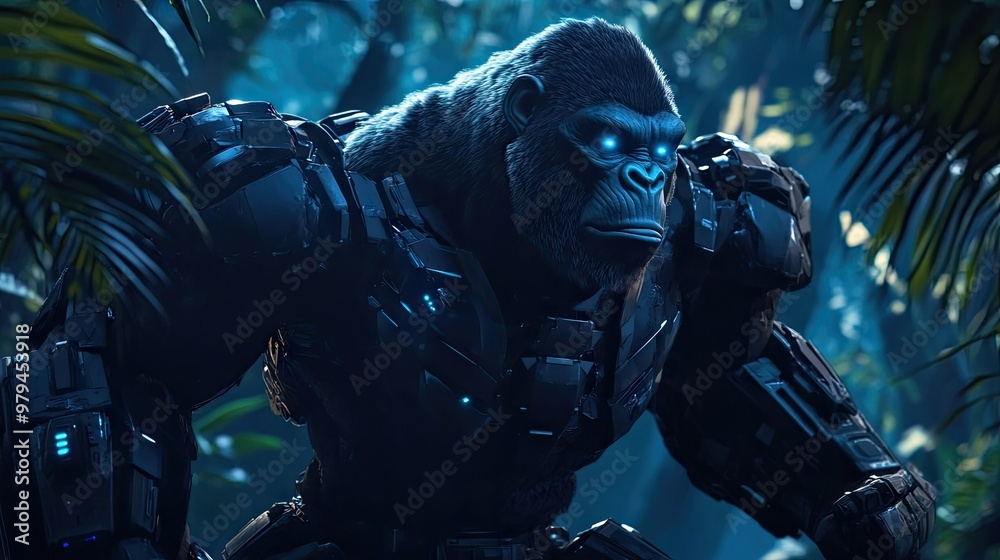 A mechanical gorilla standing strong in a cyber jungle, with robotic arms and glowing eyes, showcasing strength and power. A mechanical gorilla standing strong in a cyber jungle, with robotic arms and glowing eyes, showcasing strength and power.