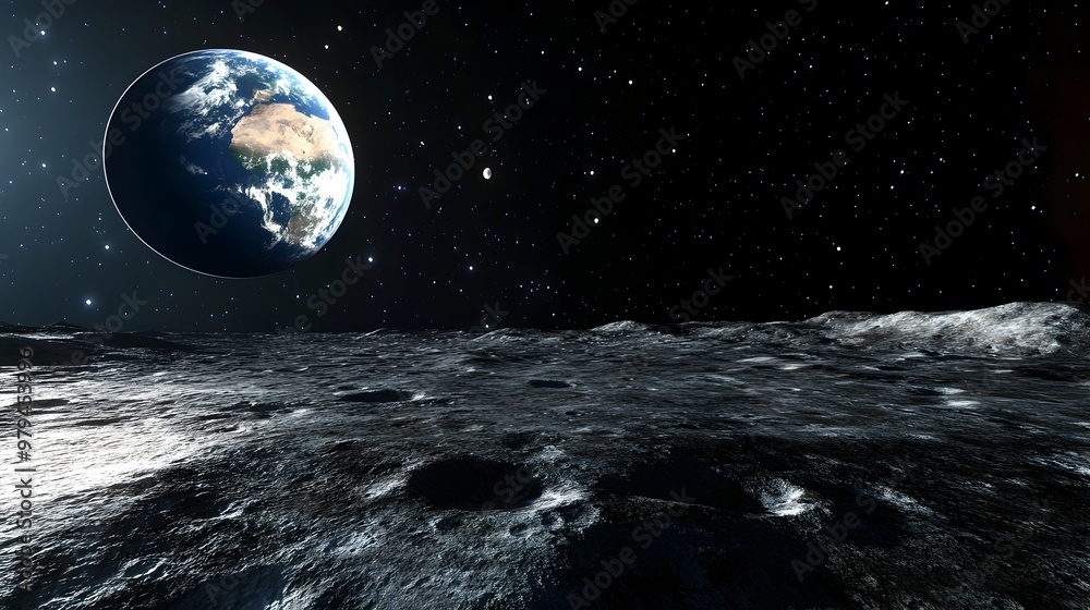 Fototapeta premium Breathtaking View of Earth Floating Above Lunar Surface in Starry Night Sky