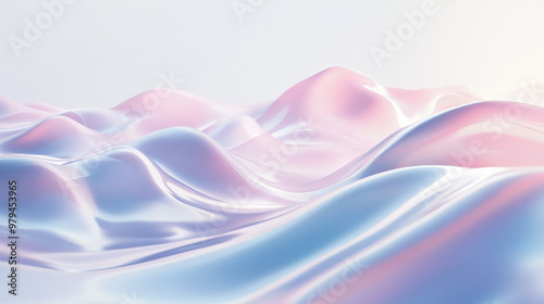 Soft, fluid 3D waves in pastel pink and blue, rippling gently across a smooth white background, with light reflections enhancing the sense of movement and depth. photo