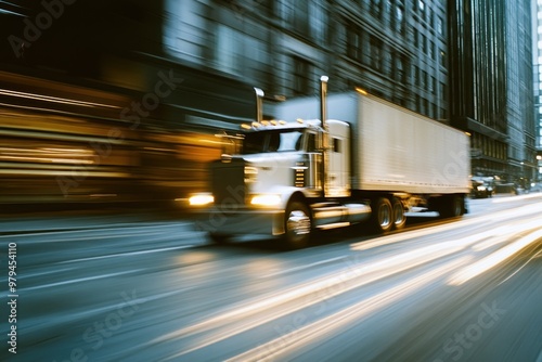 A Semi-Truck Speeds Through an Urban City at Night photo