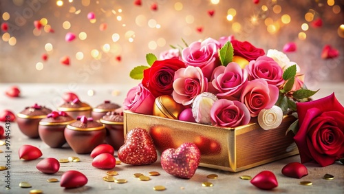 Vibrant red and pink hearts, roses, and candies overflowing from a ornate golden box, set against a soft, white, romantic background with subtle sparkles.