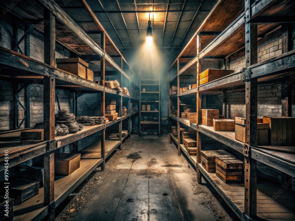 Fototapeta premium Dark and moody atmosphere of an abandoned stockroom with worn wooden shelves and dusty supermarket relics illuminated by a single flickering light source.