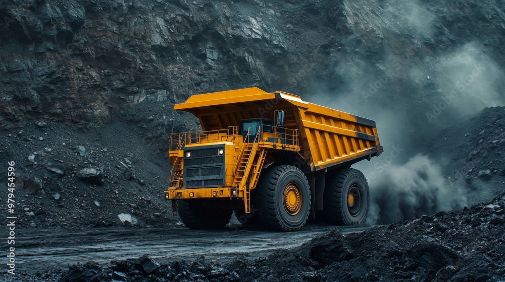 A yellow dump truck in an open pit mine, loading coal into its bed A yellow dump truck in an open pit mine, loading coal into its bed
