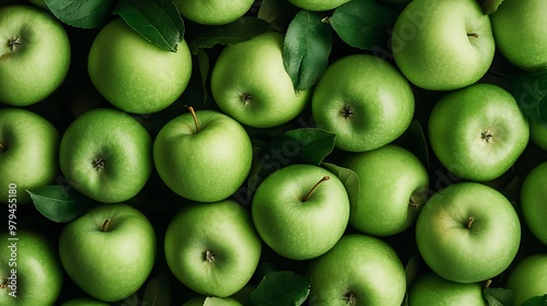 Closeup of a pile of fresh green apples with a natural background, showcasing their juicy and ripe appearance, emphasizing health and organic nutrition