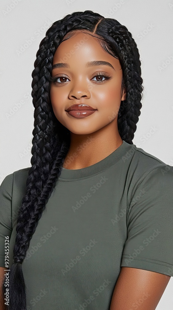 A serene portrait showcases an African American woman with long box braids and radiant skin, illuminated to reveal the elegance of her facial features A serene portrait showcases an African American woman with long box braids and radiant skin, illuminated to reveal the elegance of her facial features