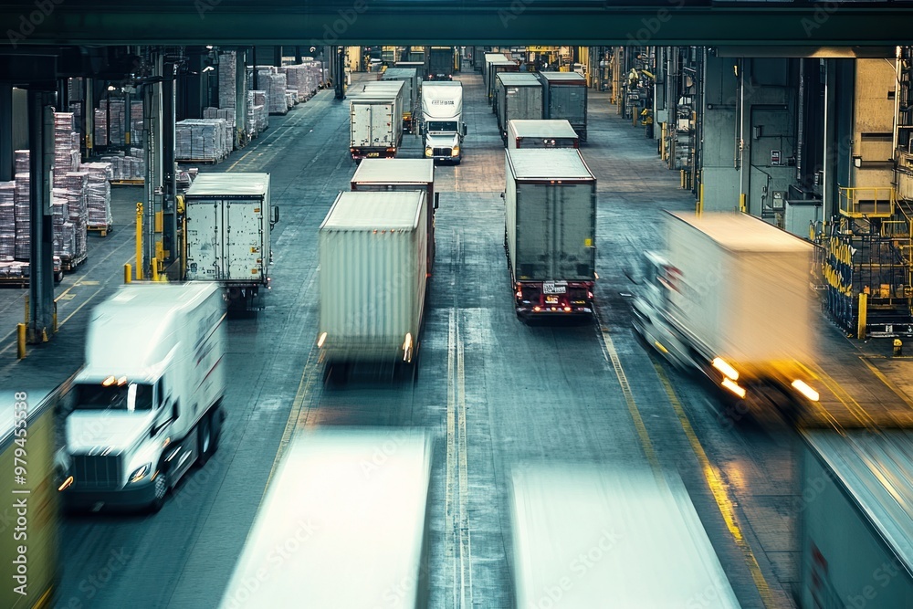 Fototapeta premium Semitrailers in Motion Inside a Large Warehouse