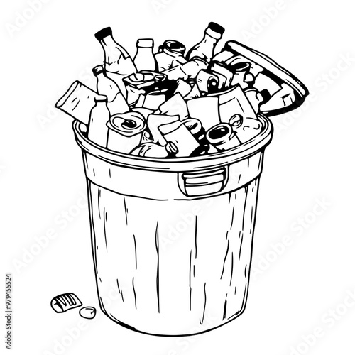 A cartoon-style illustration of a gray trash can with an open lid, overflowing with various trash items. Ideal for waste management, recycling, and environmental awareness projects.