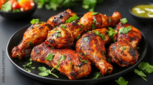 Succulent roasted chicken drumsticks garnished with fresh cilantro on a dark plate, perfect for a delicious meal.