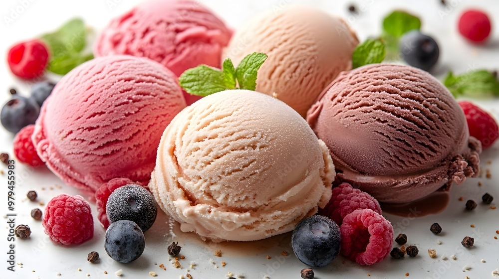 Assorted Gourmet Ice Cream Scoops with Fresh Berries and Mint Garnish on Vibrant Background Assorted Gourmet Ice Cream Scoops with Fresh Berries and Mint Garnish on Vibrant Background