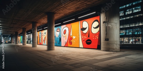 Colorful murals line a modern urban corridor, showcasing vibrant faces and abstract designs under dim lighting, creating a lively artistic atmosphere. photo