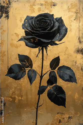 Elegant black rose against a luxurious gold backdrop. A stunning combination of elegance and opulence for fine art and luxury designs. photo