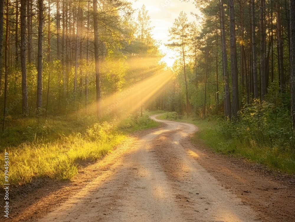 Naklejka premium A serene dirt path winds through a sunlit forest, with gentle rays of sunlight piercing through the trees, creating a warm and inviting atmosphere.