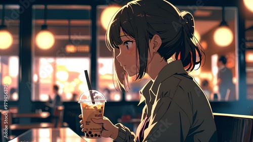 Anime style girl drinking bubble milk tea and looking out the window.