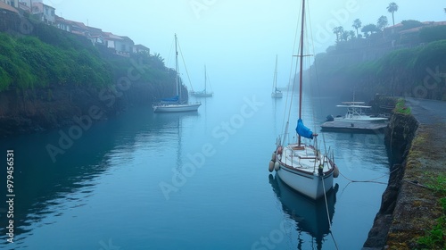 A misty morning marina scene with multiple boats anchored demonstrates tranquility and quiet beauty of the harbor.