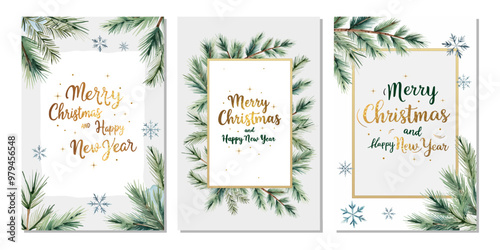 Set of Christmas cards, poster with watercolor fir branches and golden lettering. Winter frames.