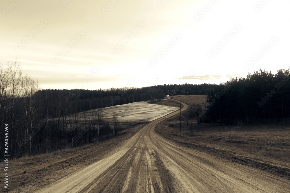 A winding dirt road in a rural landscape with fields and hills extending towards the horizon under a cloudy sky. A winding dirt road in a rural landscape with fields and hills extending towards the horizon under a cloudy sky.