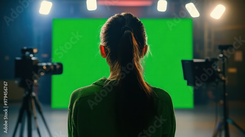 A woman is standing in front of a green screen