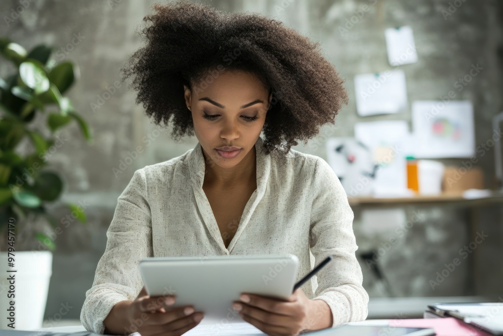 Focused Woman Working with Tablet at Office Focused Woman Working with Tablet at Office
