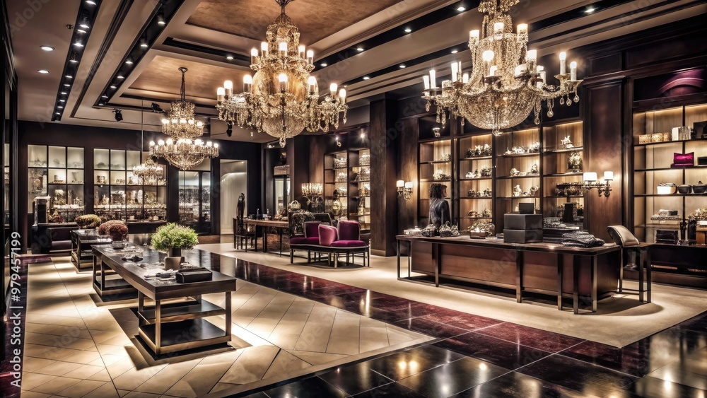 moody nighttime interior of an upscale department store with elegant chandeliers and sleek product displays amidst soft shadows and rich burgundy hues moody nighttime interior of an upscale department store with elegant chandeliers and sleek product displays amidst soft shadows and rich burgundy hues