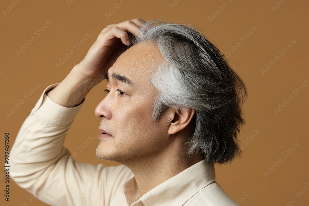 A middle-aged Japanese man with gray hair is holding his head A middle-aged Japanese man with gray hair is holding his head