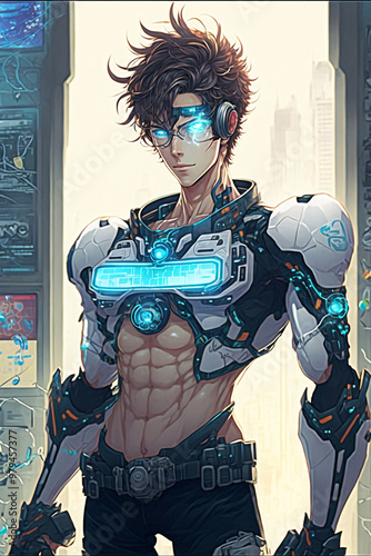 Cyborg man who has a system around his body in the state of the world appocalypse