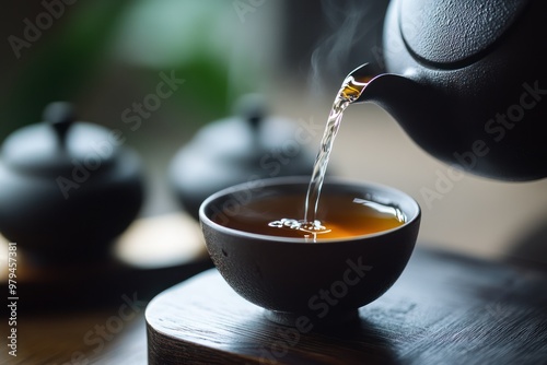 Pouring Tea from a Teapot into a Cup photo