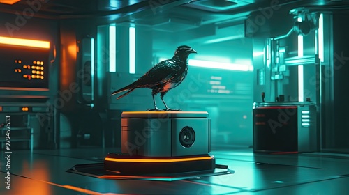 A metallic bird robot standing on a glowing pedestal in a futuristic laboratory, surrounded by advanced technology.