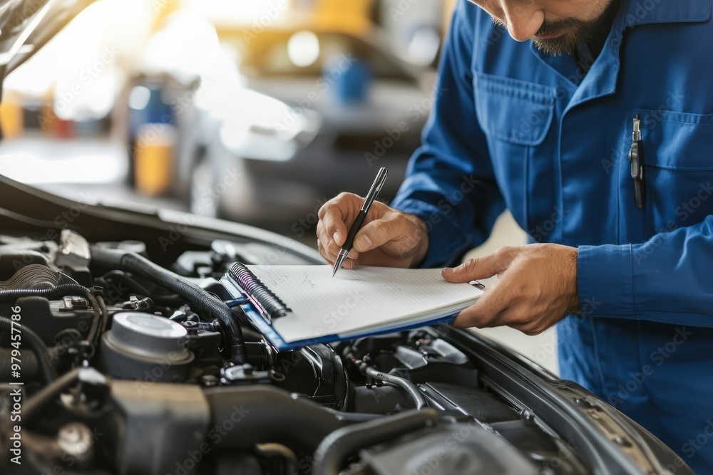 A mechanic is taking notes while inspecting the engine of an open car hood, A mechanic is taking notes while inspecting the engine of an open car hood,