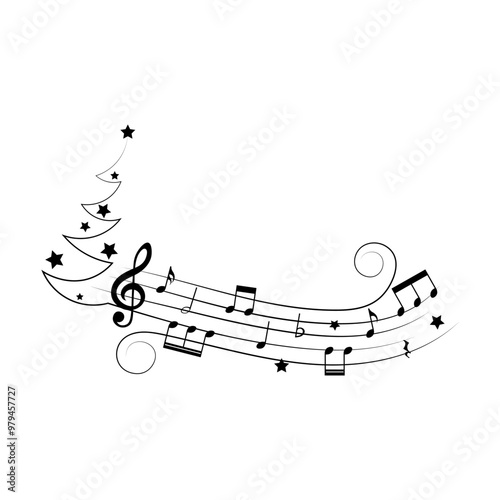 Festive music notes with Christmas tree silhouette and stars, vector illustration.