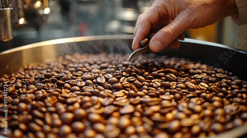 Modern coffee bean roasting machine, Coffee processing, Roastery, roasting machine and fresh beans.