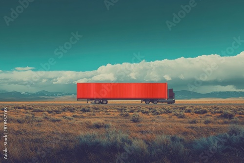 A Red Semi-Truck Drives Through a Dry, Grassy Landscape Under a Cloudy Sky photo