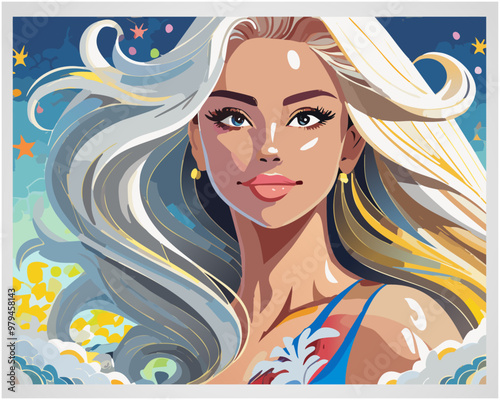 Smiling Woman Surfer at Sunset Beach | Vibrant Summer Vector Illustration