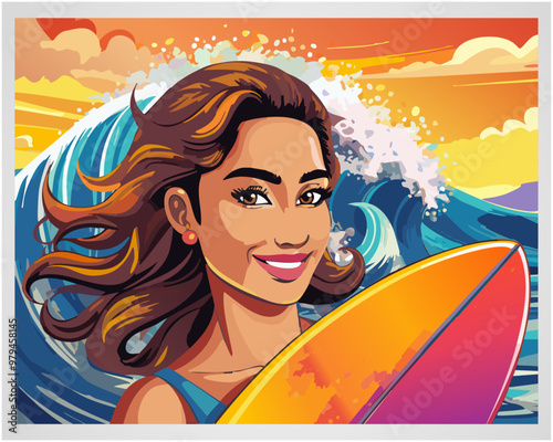 Smiling Woman Surfer at Sunset Beach | Vibrant Summer Vector Illustration