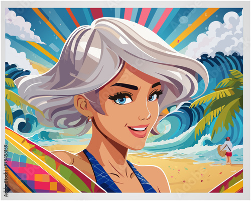 Smiling Woman Surfer at Sunset Beach | Vibrant Summer Vector Illustration