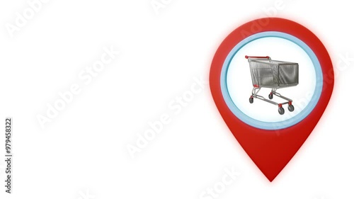 geotag map pin point GPS location tag with shopping cart icon on white background. shopping mall store concept