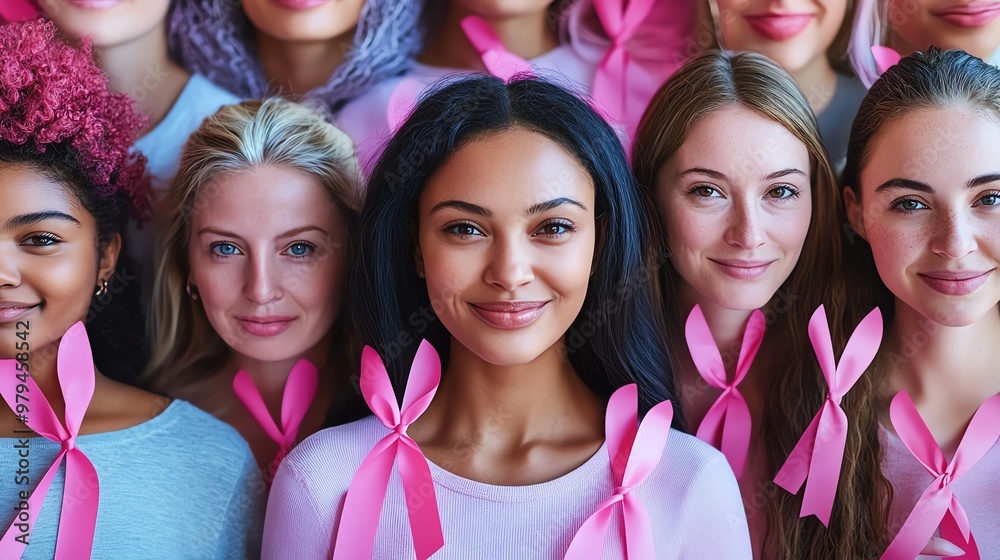 Group of diverse women with pink ribbons supporting breast cancer awareness. Group of diverse women with pink ribbons supporting breast cancer awareness.