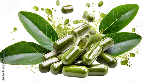 moringa capsules and fresh leaves Splash on a white isolated background. Generative AI.