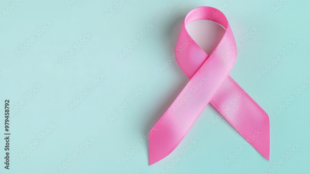 A soft pink ribbon symbolizes support for breast cancer awareness against a calming blue background. A soft pink ribbon symbolizes support for breast cancer awareness against a calming blue background.