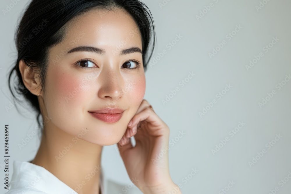 A Japanese woman in her thirties with smooth skin is touching the side of her face and smiling A Japanese woman in her thirties with smooth skin is touching the side of her face and smiling