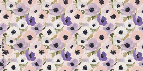 a fun-loving and dreamy abstract pattern of anemones painted in a naive impressionistic style with gouache photo