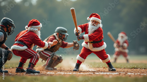 Santa claus playing baseball with his team photo