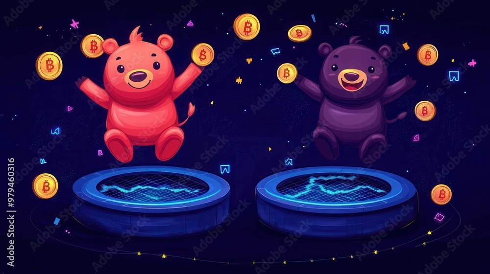 Fototapeta premium Charming round bull and bear characters joyfully bouncing in a playful, vibrant setting, embodying the spirit of market dynamics.