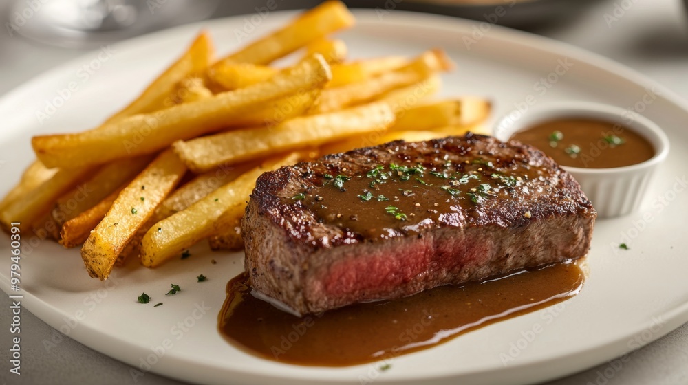 A perfectly cooked medium-rare steak served with crispy golden fries, fresh vegetables, and a rich gravy, elegantly plated on a white dish. A perfectly cooked medium-rare steak served with crispy golden fries, fresh vegetables, and a rich gravy, elegantly plated on a white dish.
