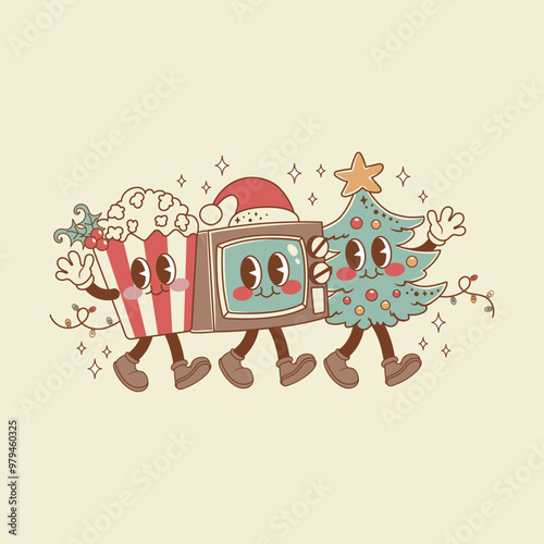 Cute retro style christmas illustration of tv walked with popcorn and christmas tree to watch christmas movies