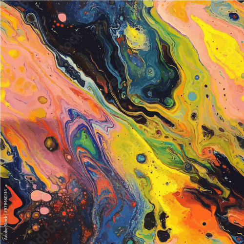 Vivid acrylic pour painting showcasing swirling rainbow patterns. Ideal for colorful and modern abstract backgrounds.