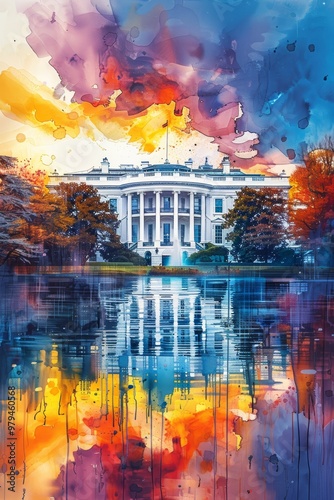 The White House in Washington DC, USA, watercolor style. AI generate illustration