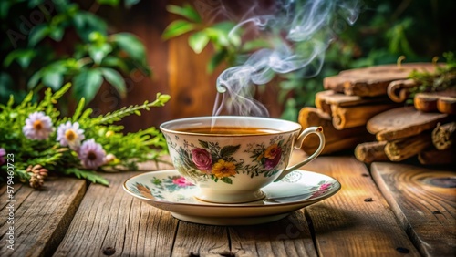 Steam rises from a delicate china teacup filled with soothing hot tea, surrounded by vintage floral patterns and lush greenery on a rustic wooden table.