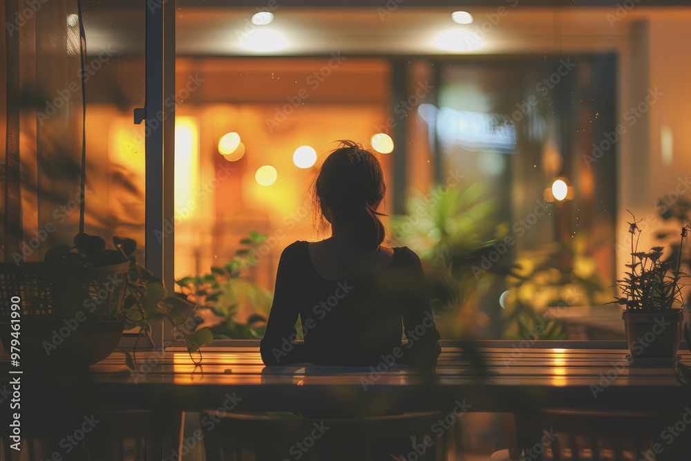 Silhouette of a businesswoman off work at night, shot from outside of a glass window. Silhouette of a businesswoman off work at night, shot from outside of a glass window.