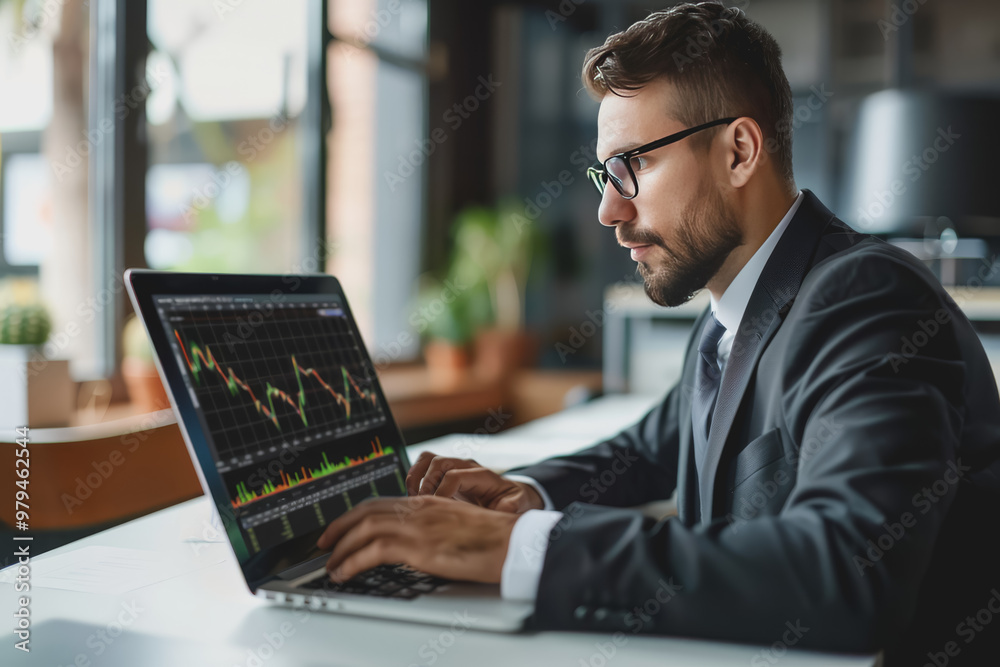 Businessman analyzing business diagrams, marketing statistics, and finance market graphs on a laptop Businessman analyzing business diagrams, marketing statistics, and finance market graphs on a laptop