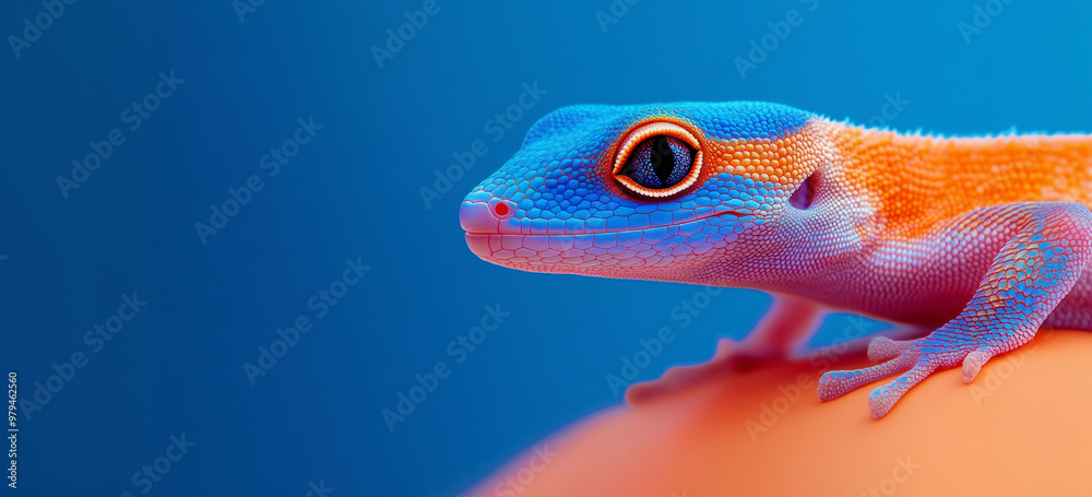 Fototapeta premium Saturated portrait of gecko close-up, space for environmental protection concept
